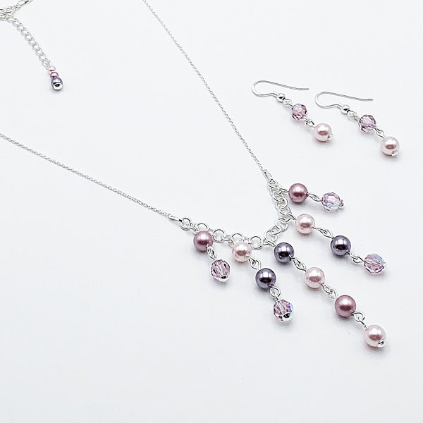 Parure en argent 925 et perles en cristal Swarovski rose violet mauve, amethyst aurore boreale