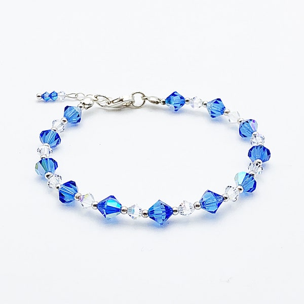 Bracelet fin en perles en cristal de Swarovski bleu et transparent, sapphire Aurore Boréale, crystal Aurore Boréale, fermoir en argent 925