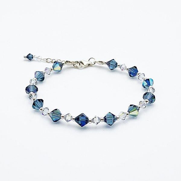 Bracelet fin en perles en cristal de Swarovski bleu et perles argentées, montana, Light azore, fermoir en argent 925