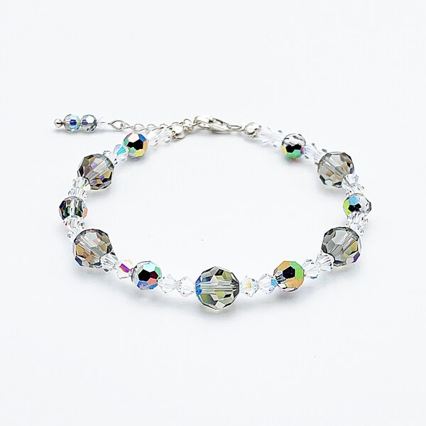 Bracelet en perles en cristal Swarovski gris et transparent, black diamond, fermoir en argent 925