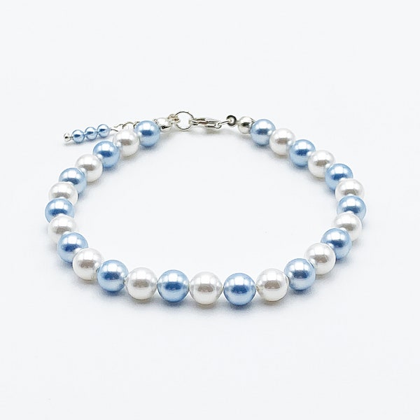 Fine bracelet in pearlescent crystal beads of Swarovski blue and white, light blue pearl, white pearl, carabiner clasp in silver 925