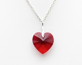 Red Swarovski crystal heart pendant necklace on 925 silver bail and chain, siam