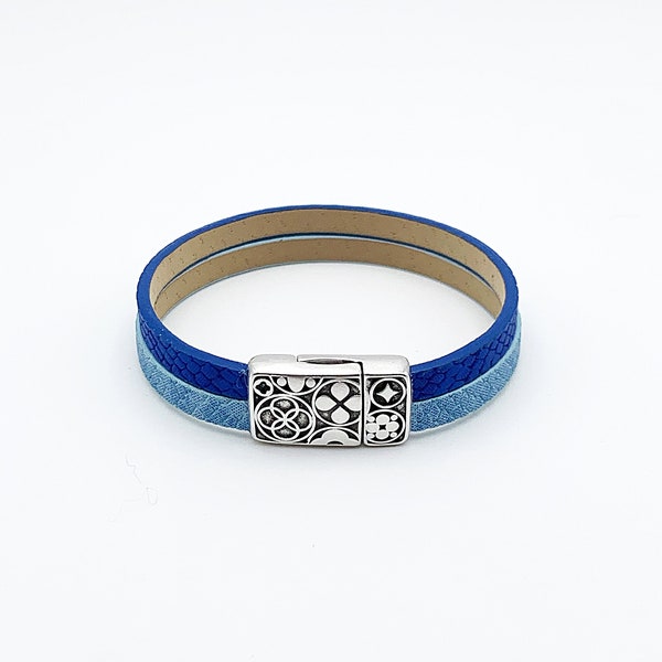 Bracelet manchette multirang en similicuir imitation cuir reptile bleu métallisé fermoir motif ethnique argenté vieilli