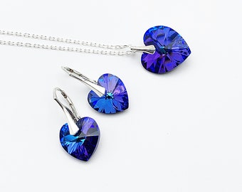 Parure en argent 925 et pierre coeur en cristal Swarovski bleu violet crystal heliotrope