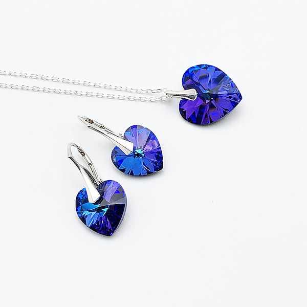 Parure en argent 925 et pierre coeur en cristal Swarovski bleu violet crystal heliotrope