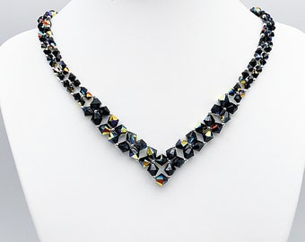 Choker necklace made of black Swarovski crystal beads and silver beads, 925 silver clasp
