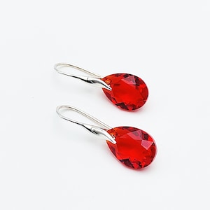 Red, light siam Swarovski pear crystal stone earrings on 925 silver hooks