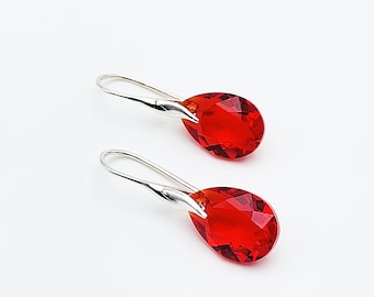 Red, light siam Swarovski pear crystal stone earrings on 925 silver hooks
