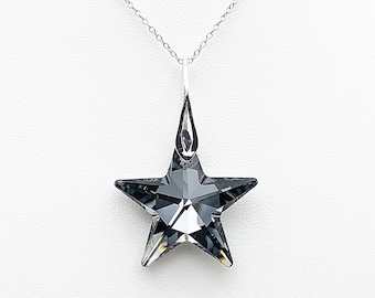 Silver night black Swarovski crystal star pendant necklace on 925 silver bail and chain