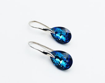 Bermuda Blue Swarovski crystal pear earrings on 925 silver hooks