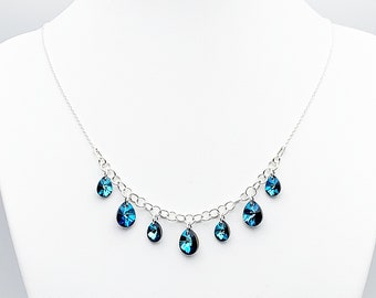 Necklace with multiple pear stones in blue Swarovski crystal, bermuda blue, on a 925 silver chain