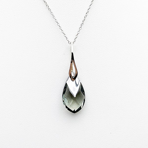 Black Swarovski crystal pear pendant necklace on ram and silver chain 925