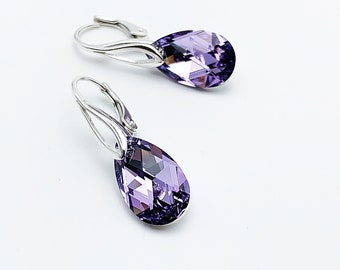 Pear earrings in purple Swarovski crystal on 925 silver sleepers