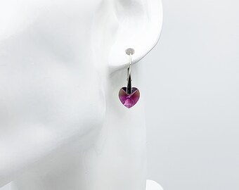 Boucles D'oreilles Dormeuses Cristal Coeur Mauve - Base Argentée, Occasion (modèle 502)