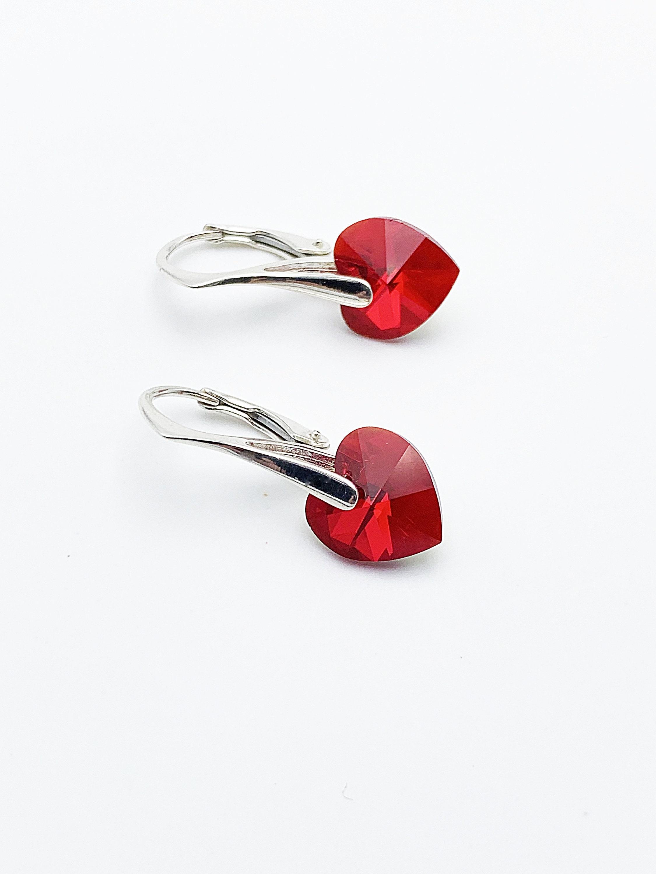 Light Siam Red Swarovski Crystal Heart Earrings on 925