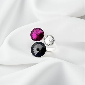 Justerbar ring i 925 sterlingsilver med Swarovski®-kristaller i svart, fuchsia rosa och klart – Silver Night, fuchsia och kristall