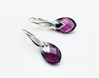 Earrings pears in crystal Swarovski plum amethyst on sleepers in silver 925