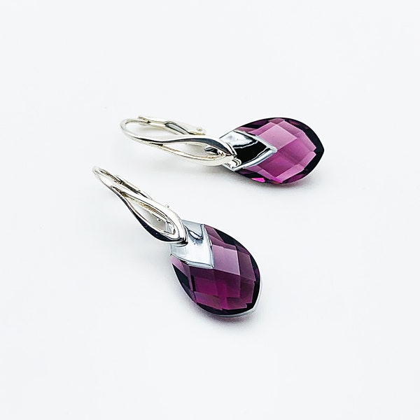 Boucles d'oreilles poires en cristal Swarovski prune améthyste sur dormeuses en argent 925