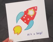 It's a Boy Rocket Card • New Baby • Printed from Original Artwork • 6 inch square with brown kraft envelope • 300gsm
