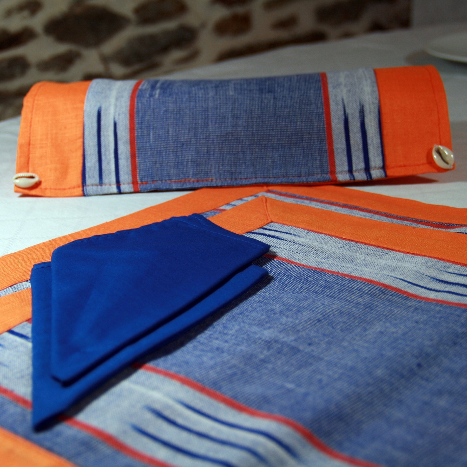 Ensemble Chemin de Table et Set en Lin Coton Tissé Main Orange Bleu