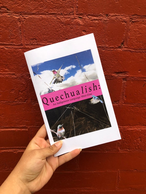 zine cover: Quechualish. Title in a pink banner over a sky with birds.