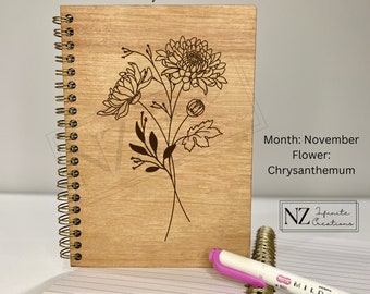 Wooden Laser Engraved Birth Flower Notebook - Personalized Journal with 100 Lined Pages