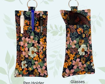 Lanyard Pen Glasses Holder – Midnight Bloom Cotton Fabric | Dual Sided Writing Tool Eyeglasses Pocket