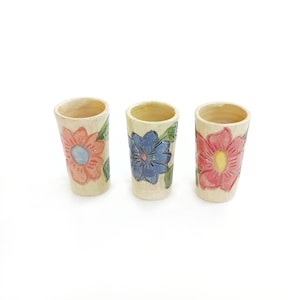 Shot glasses hand made out of clay, classic tequilero o mezcalero shot glasses, set of 3, made in Mexico, Mexican made.