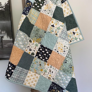 Aqua Green and Gold with Woodland Creatures Baby Quilt, minky back
