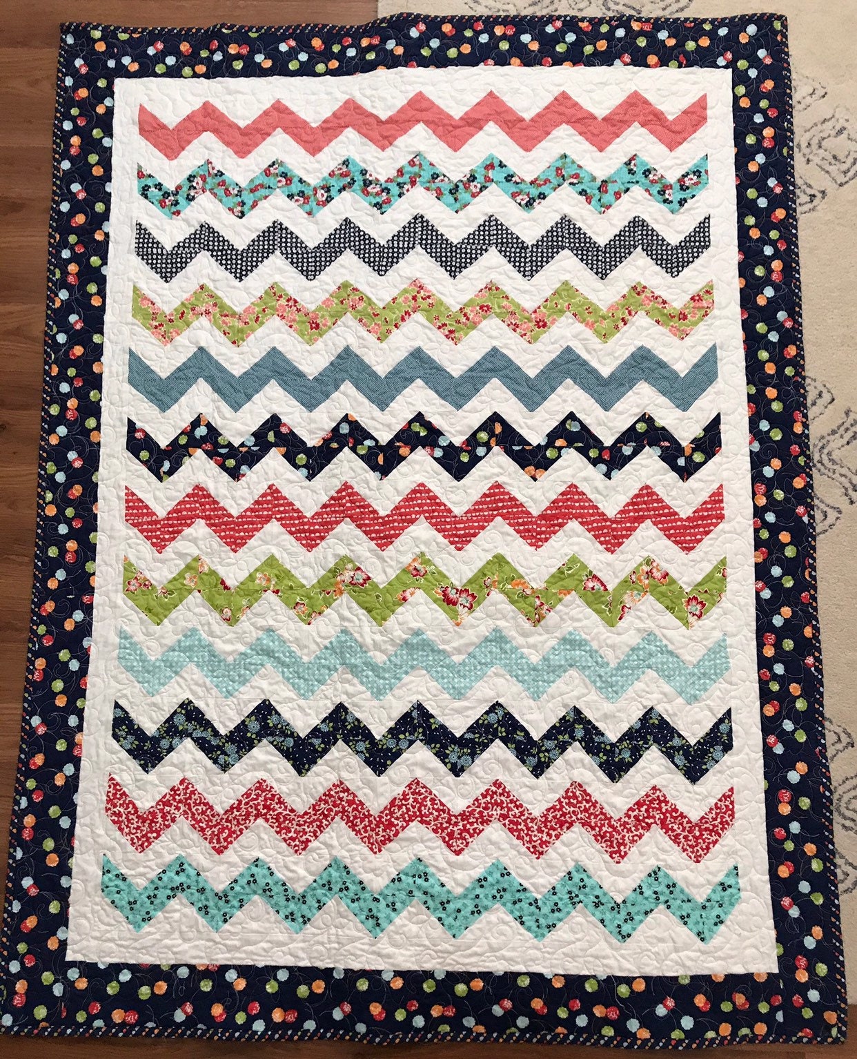 Colorful Throw Quilt Handmade Navy Aqua Coral Etsy