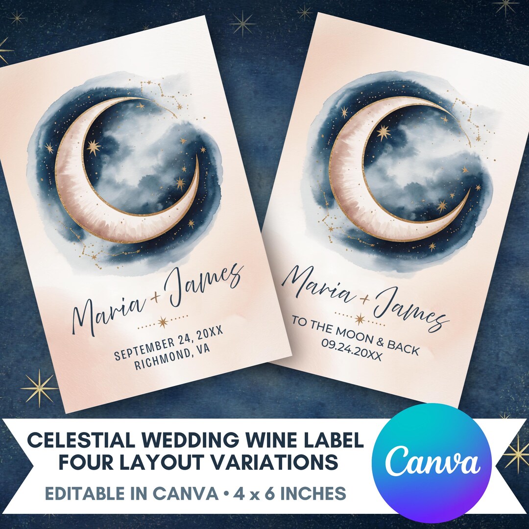 Celestial Wedding Wine Label Template | Editable Canva Design | to the ...