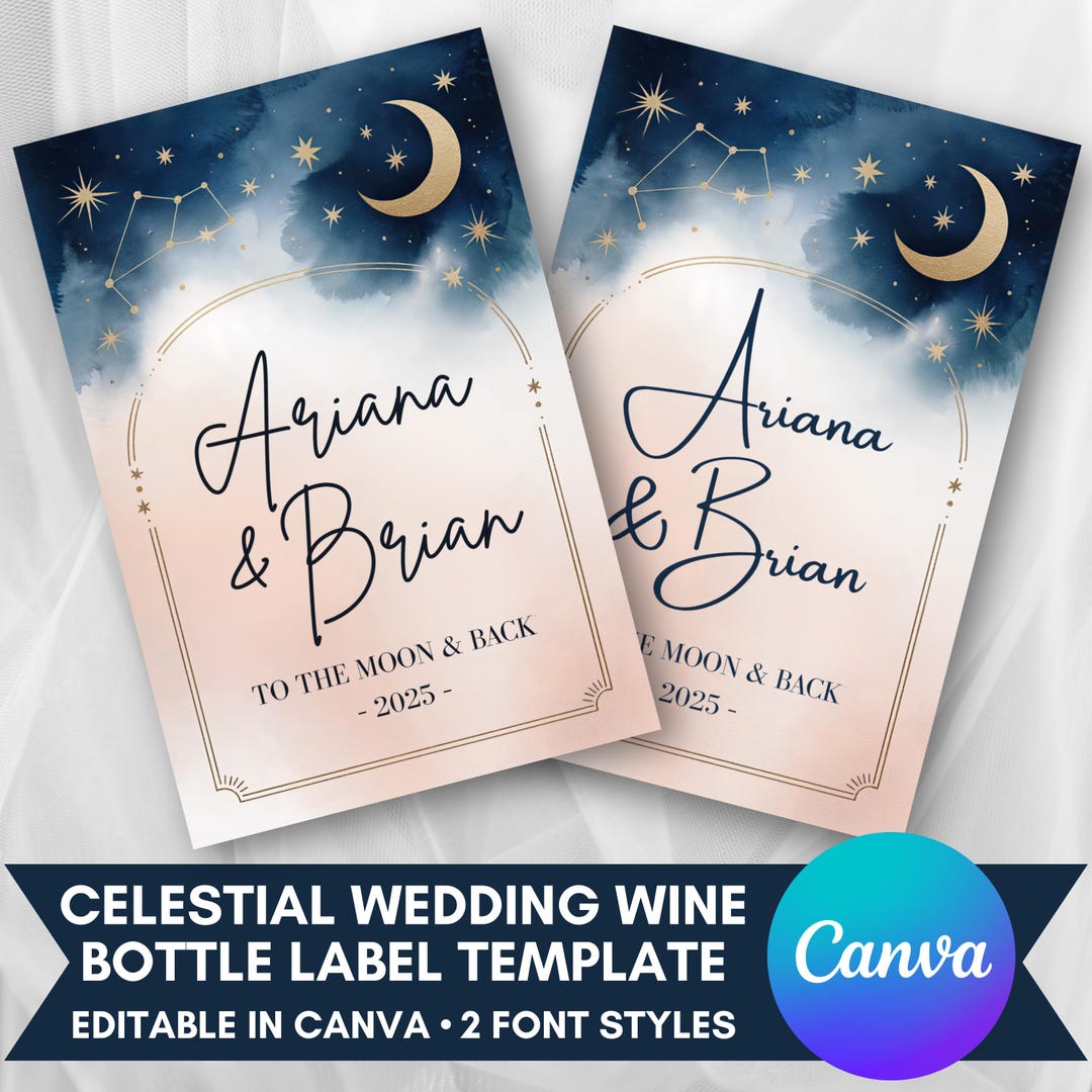 Celestial Wedding Wine Bottle Label Template 4x6, Editable Canva Moon ...