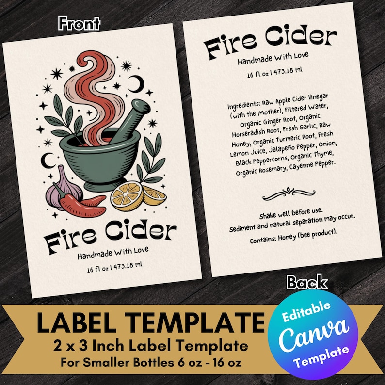 Mortar Label Fire Cider Label Template 2x3 Inch, Editable Canva Label, Herbal Tonic ...
