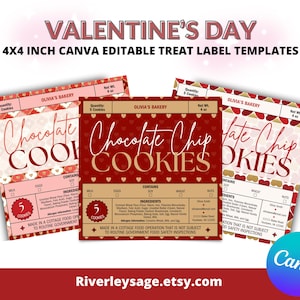 Valentine’s Day Editable Treat Label Templates, 4x4 Inch Canva Customizable Chocolate Chip Cookie Labels, DIY Valentine Party Tags, Download