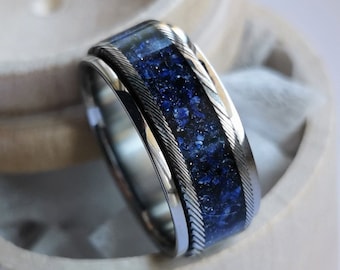 Unique handmade titanium and stainless damascus steel spinner ring "Nights sky".