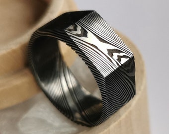 Handmade Damascus Steel Signet Ring, Customizable Width