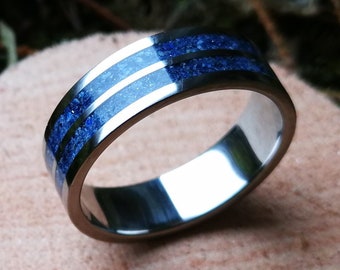 Unique handmade titanium ring with double Lapis Lazuli inlay.