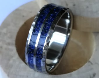 Unique handmade  titanium ring  with Lapis Lazuli inlay and faceted face.