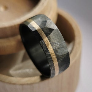 Black zirconium ring with solid gold channel. Brushed finish. Handmade and customizable.