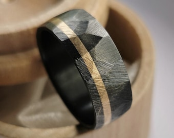 Black zirconium ring with solid gold channel. Brushed finish. Handmade and customizable.