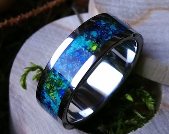 Unique titanium band with mixed stone inlay (Lapis Lazuli, Turquoise, Cairo Nightstone, Green Variscite).