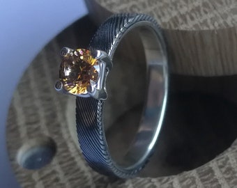 Unique Stainless Damascus and Silver ring "Muse" with round 5mm diamond cut stone setting.