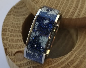Unique handmade titanium ring "Starry sky". Cairo night stone, Lapis Lazuli and white jade.
