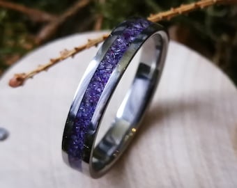 Unique handcrafted women's titanium  wedding band with Amethyst and Purple Jade inlay.