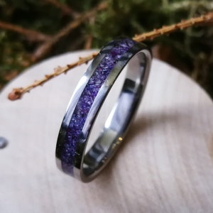Unique handcrafted women&#39;s titanium  wedding band with Amethyst and Purple Jade inlay.