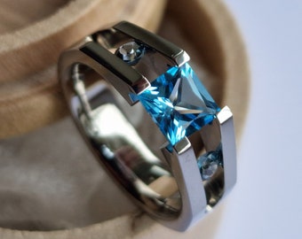 Handmade Titanium Tension Ring: Princess Cut Swiss Blue Topaz, Moissanite Accents