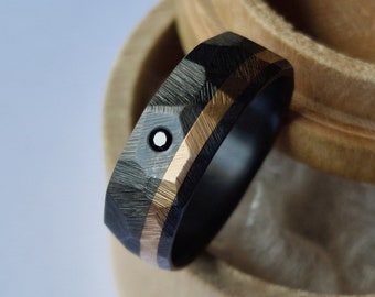 Handmade Black Zirconium Ring, Gold Channel, Diamond/Moissanite