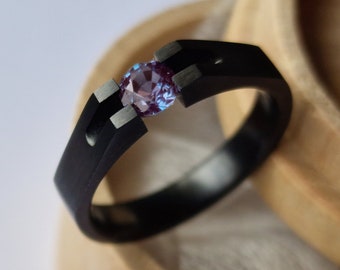 Handmade Black Zirconium Tension Ring, Round Diamond Cut Stone
