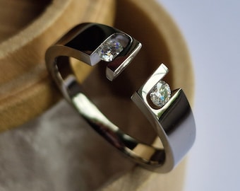Handmade Titanium Tension Ring: Two Round Gemstones, Polished Finish