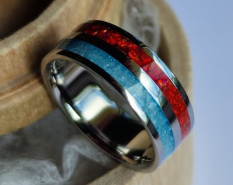 Handmade titanium ring with double channels- Aquamarine and Fire opal.